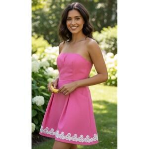 Lilly Pulitzer Pink Strapless Textured Dress Lace Trim Pocket Babydoll Sz 10 NWT
